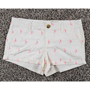 Y2K SO Juniors Sz 7 Chino Denim Shorts White w/ Flamingo Print NEW